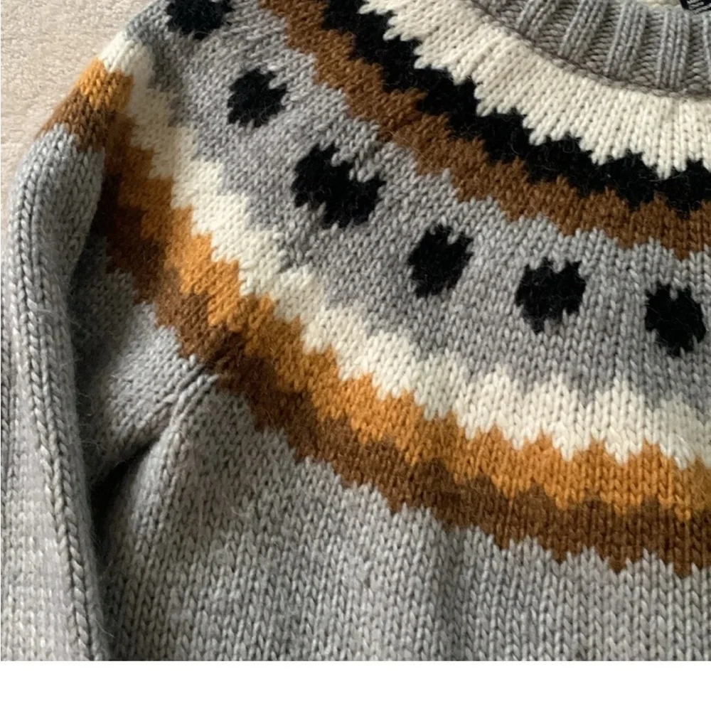 Cabincore Gray H&M Cabin Fair Isle cropped crewneck sweater M Gray Cream Brown - Picture 3 of 7